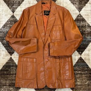 Vintage Leather Car Coat Blazer Camel Jacket Brown 44L 70s Style